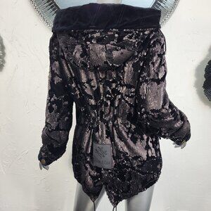 NWT~$2590~MR & MRS ITALY~S/M~BLACK VELVET SEQUIN HOODED PARKA COAT NO FUR